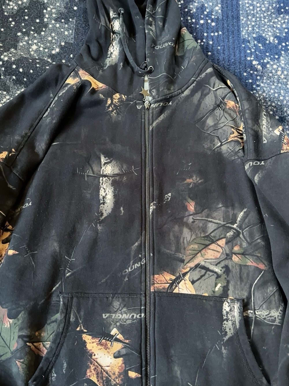 YoungLA Black Zip-Up Hoodie with Olive & Tan Leaf Camo